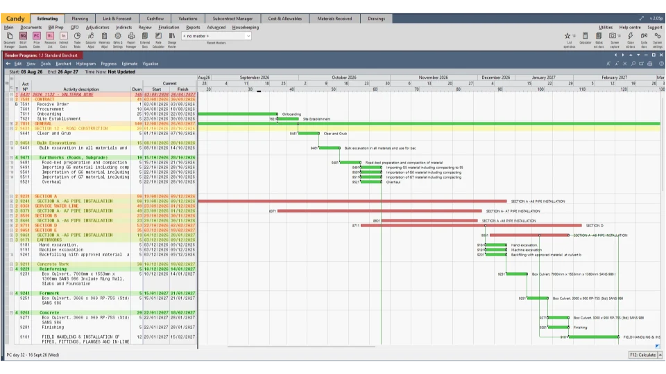 Construction Programme A time-based project programme showing construction activities, durations, dates and the relationships between them.