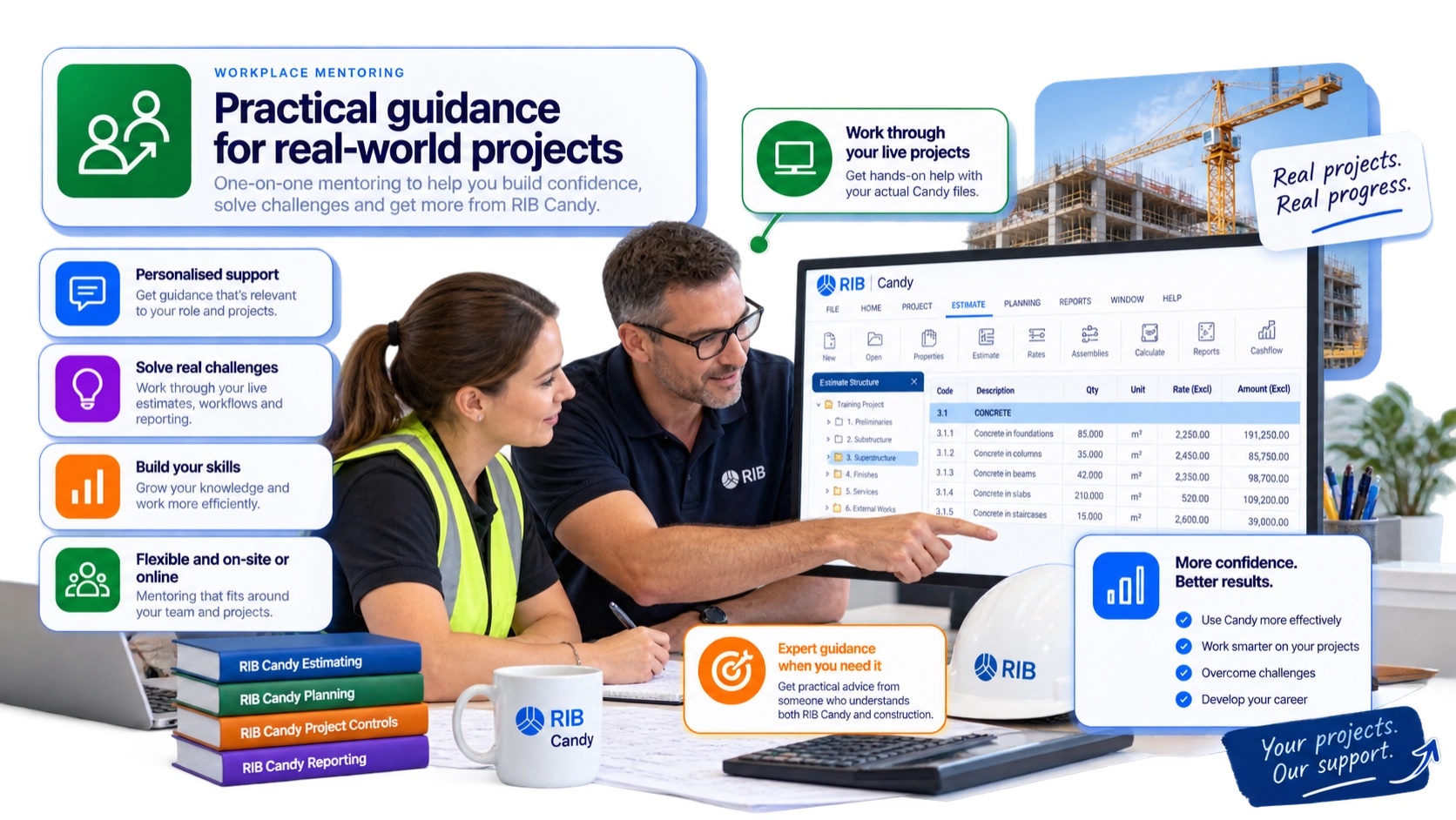 Workplace mentoring for construction professionals applying RIB Candy and construction knowledge to live projects and real working situations.