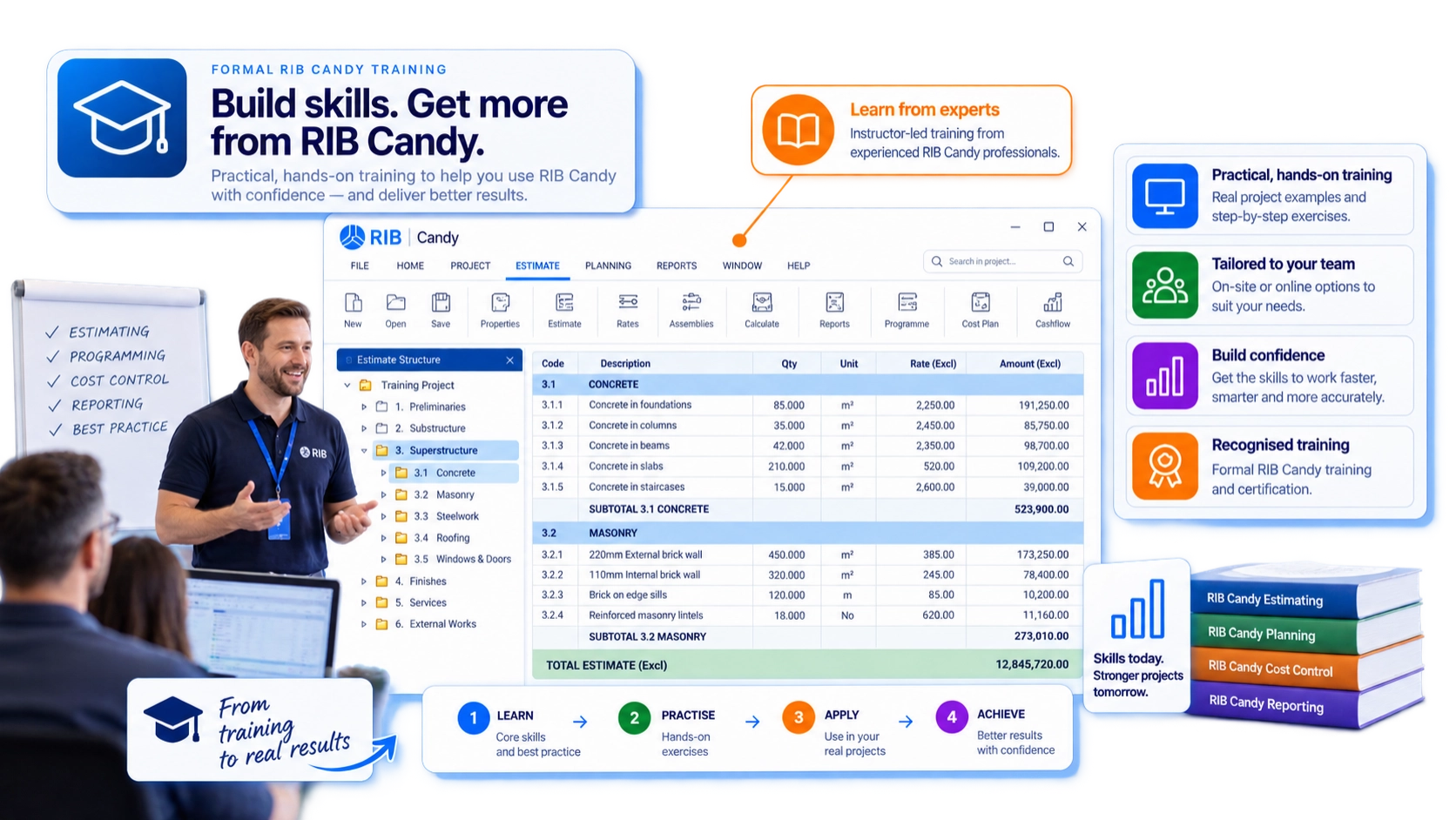 Formal RIB Candy training covering estimating, planning, pricing and practical construction workflows through structured learning.