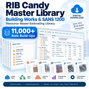 A practical RIB Candy master library with more than 11,000 activity and bill-item rate build-ups for building work and SANS 1200-based items.