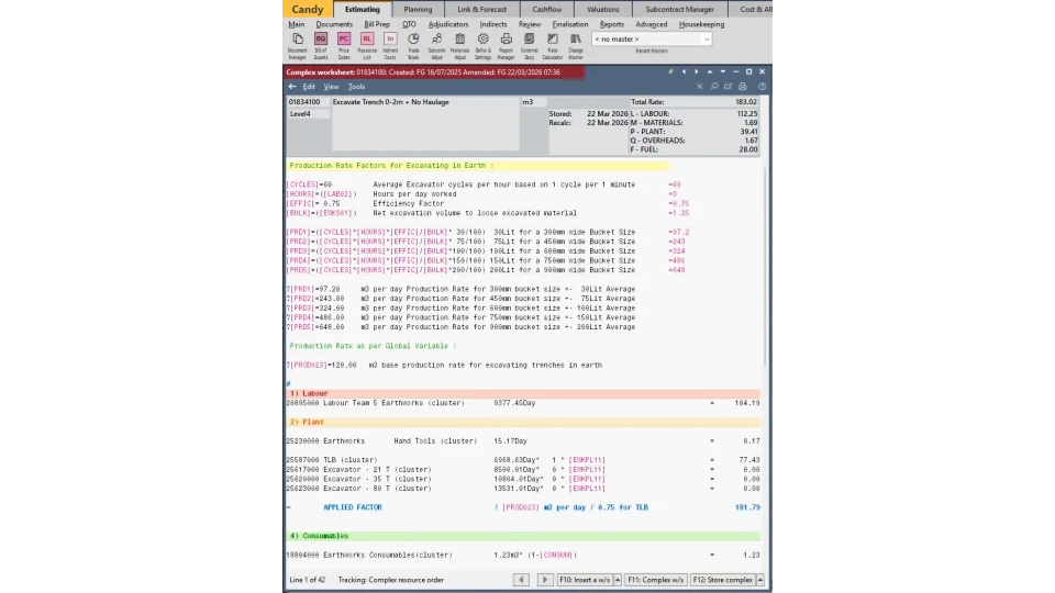 A detailed worksheet showing how labour, plant, production rates and other resources combine to calculate a construction activity rate.