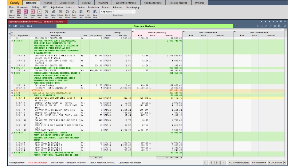 A comparison of subcontractor rates and amounts against the relevant Bill of Quantities items during tender preparation.